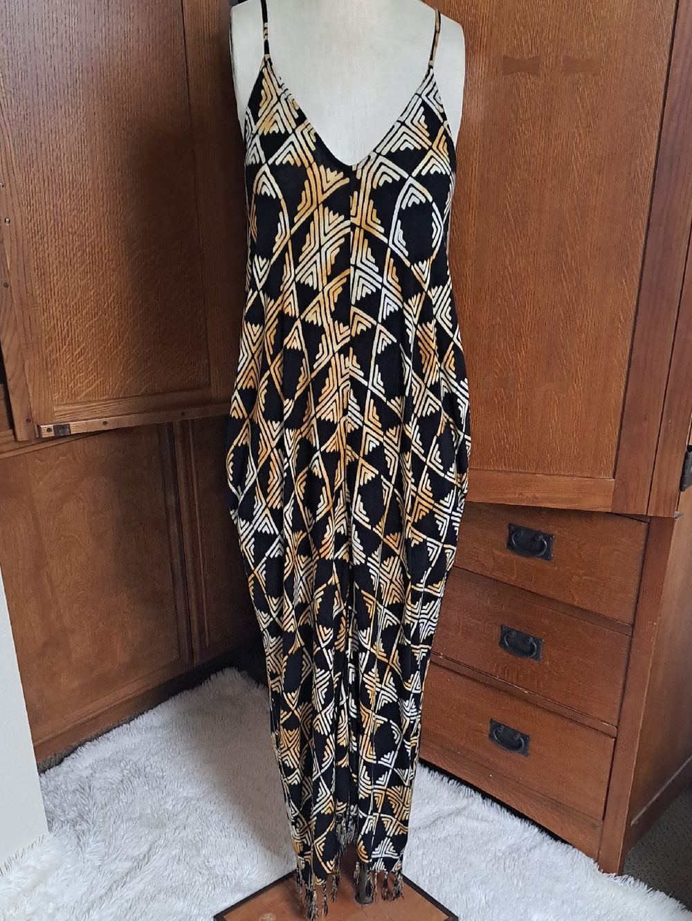 INDAH Iztak Geometric Tribal Print Halter Handkerchief Fringe Maxi Dress XS